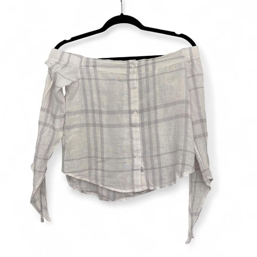 NWOT RAILS XS Lauren White Plaid Tie-Front Off-Shoulder Linen Blend Top